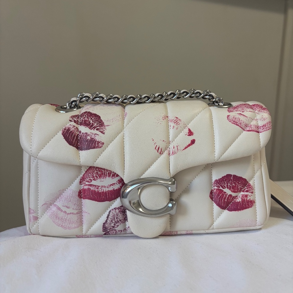 Coach White Quilted Crossbody Bag with Pink and Red Lip Print